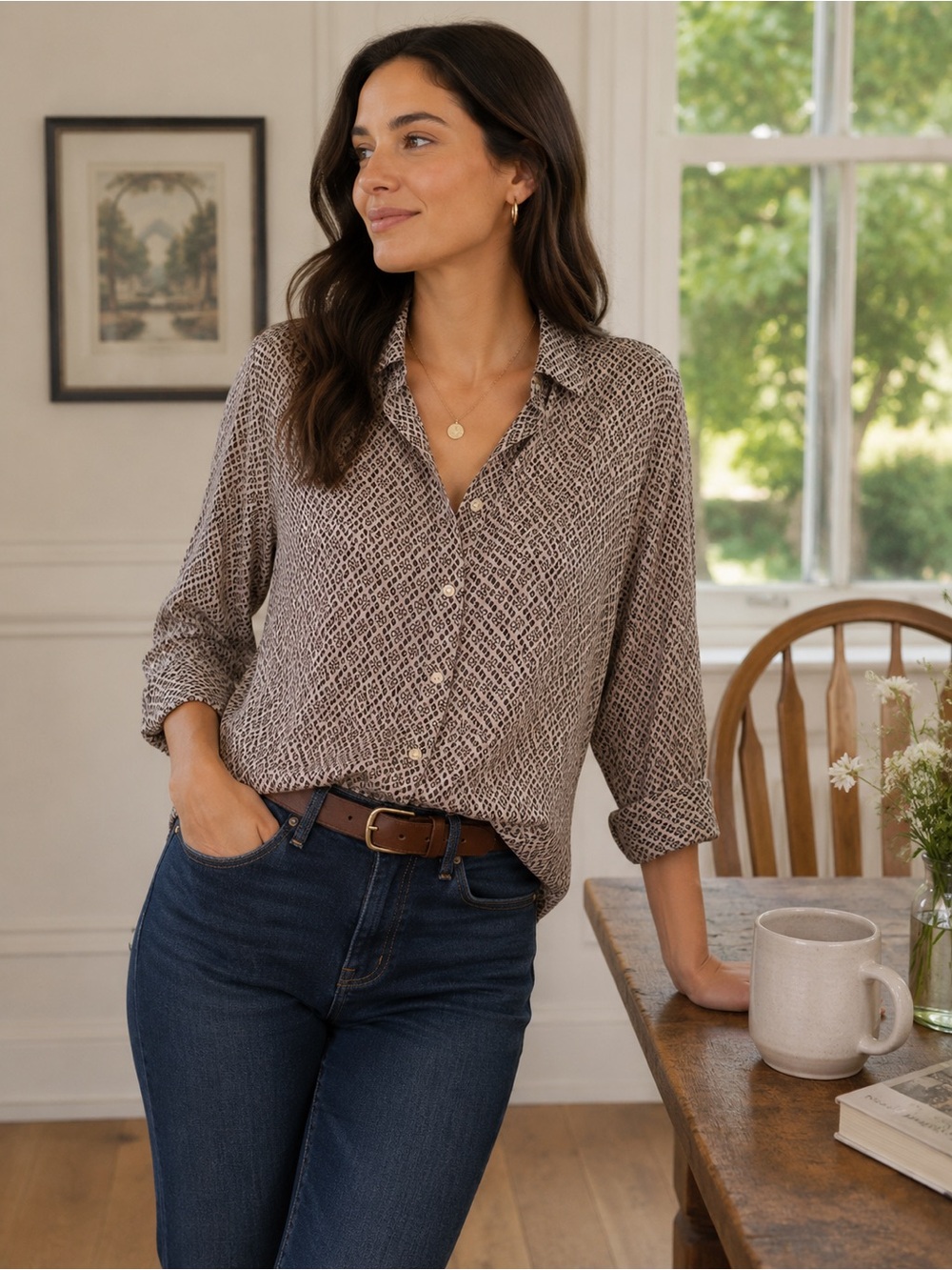 Banana Republic Geometric Button Front Blouse Size 10 Career Office Top